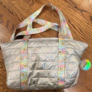 Holographic Silver Tote with Floral Straps